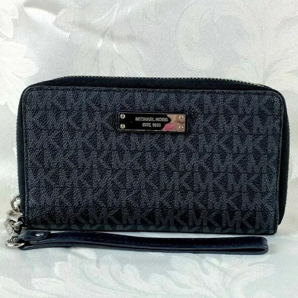 Michael Kors Logo Black Leather Zip Around Long Wallet Purse